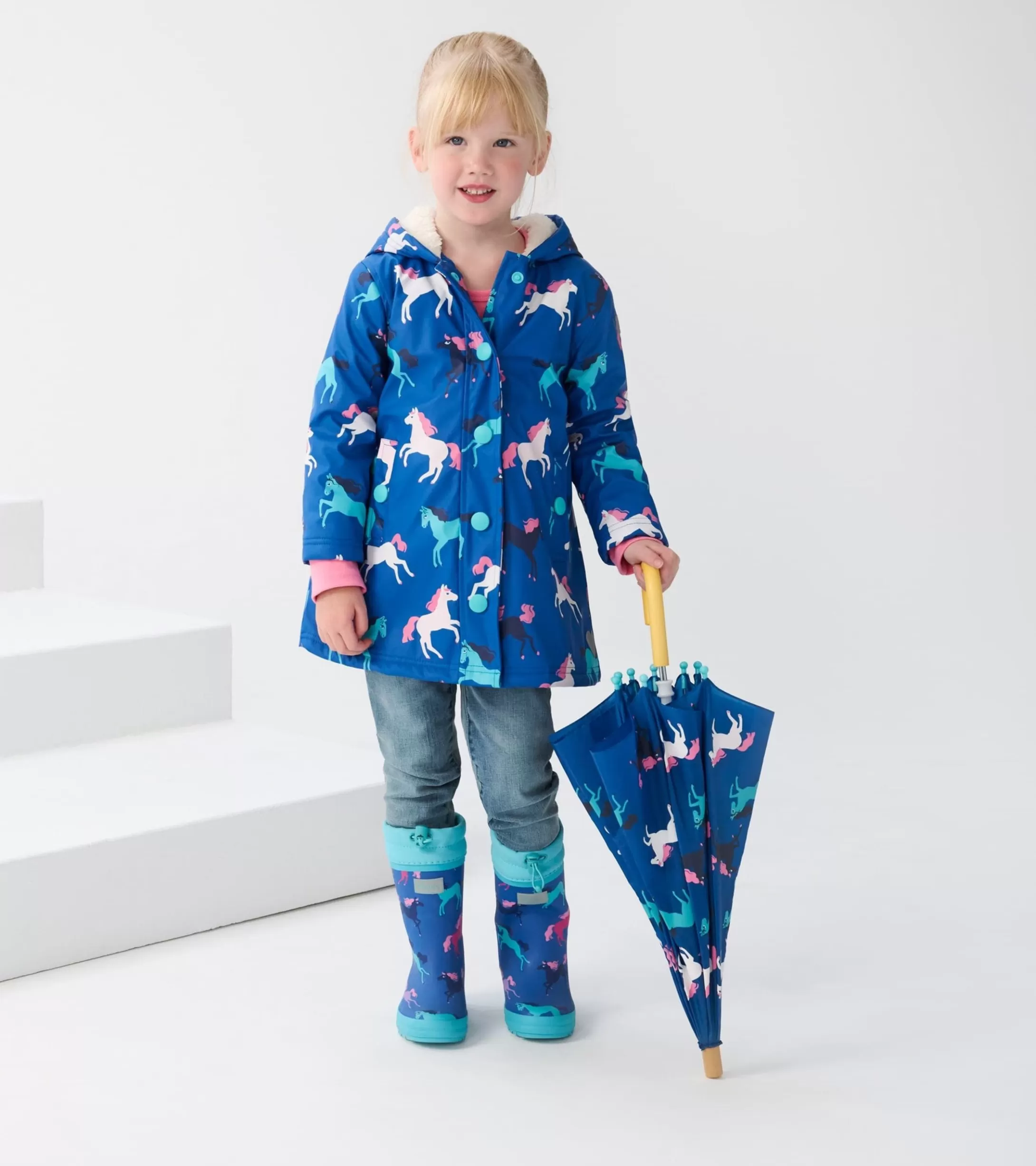 Hatley Girls Prancing Horses Colour Changing Sherpa Lined Button-Up Rain Jack Outlet